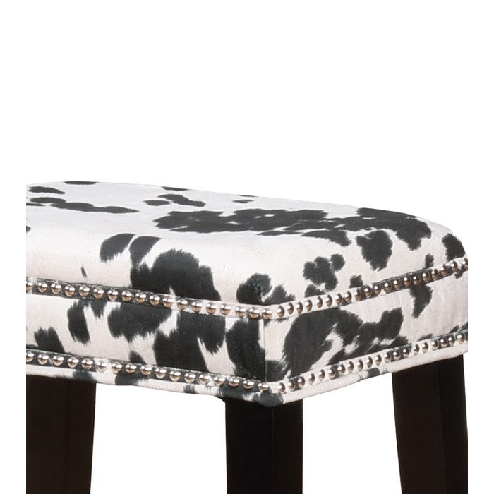 Traditional Style Wooden Counter Stool with Cow Print, Black and White