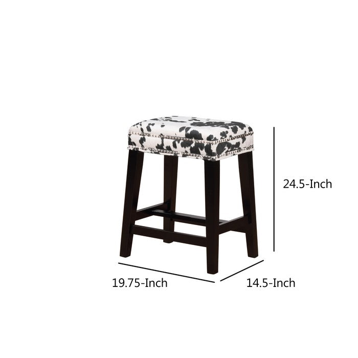 Traditional Style Wooden Counter Stool with Cow Print, Black and White