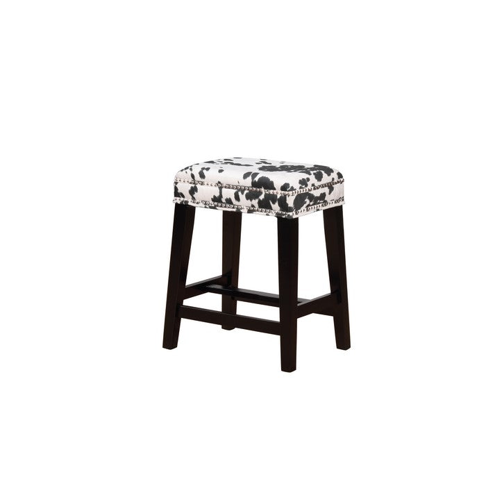 Traditional Style Wooden Counter Stool with Cow Print, Black and White
