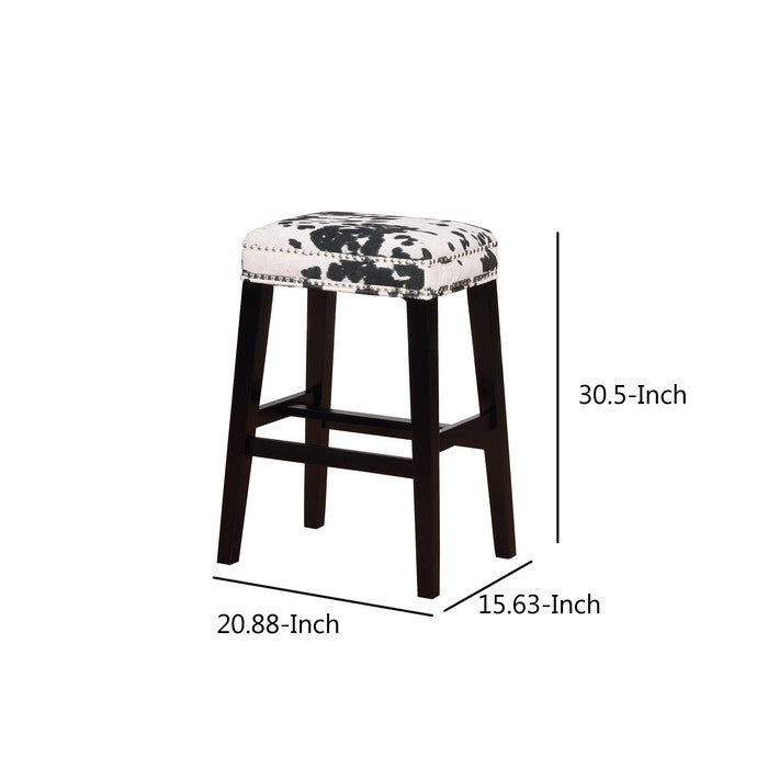 Traditional Style Wooden Bar Stool with Cow Print, Black and White