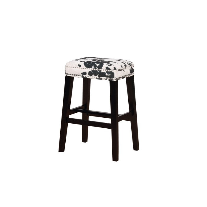Traditional Style Wooden Bar Stool with Cow Print, Black and White