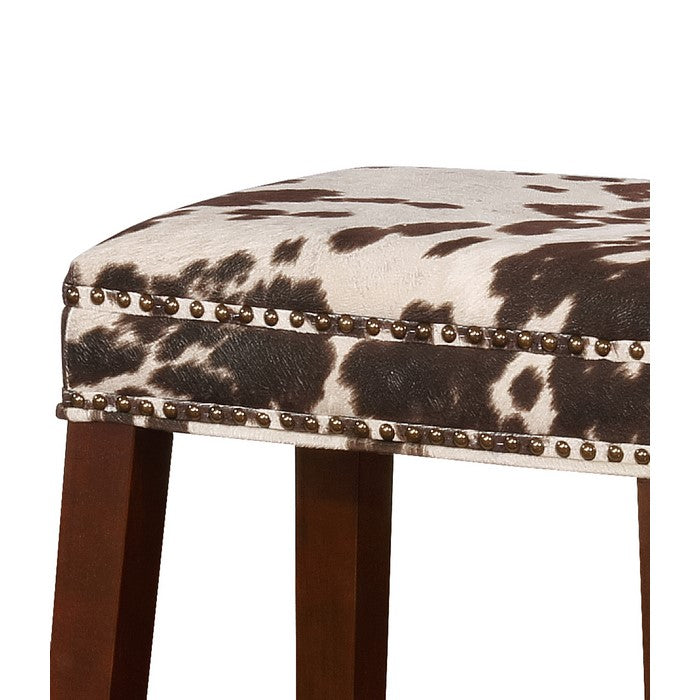 Traditional Style Wooden Bar Stool with Cow Print, Brown and White