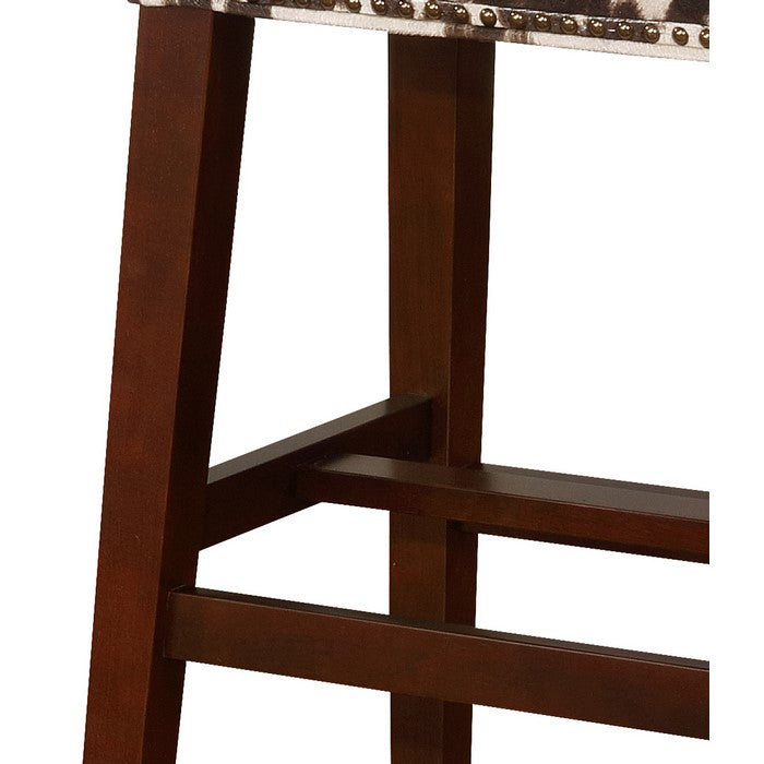 Traditional Style Wooden Bar Stool with Cow Print, Brown and White
