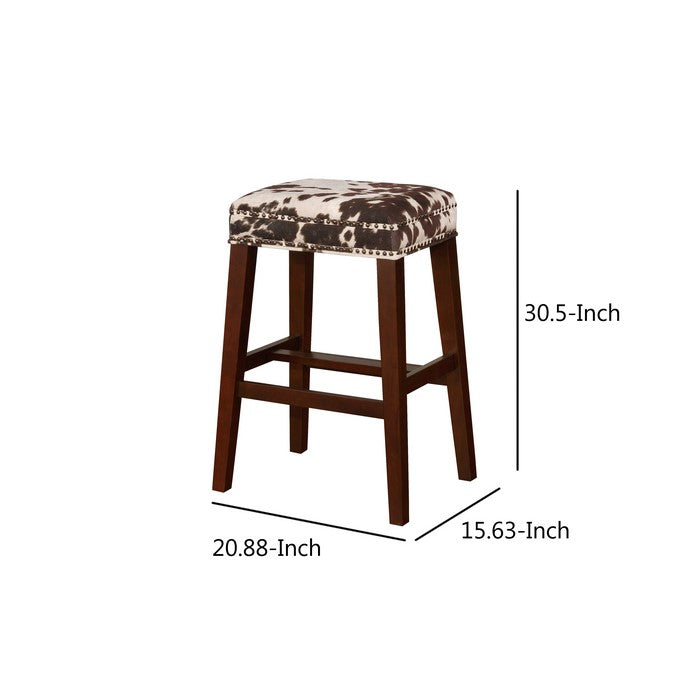 Traditional Style Wooden Bar Stool with Cow Print, Brown and White
