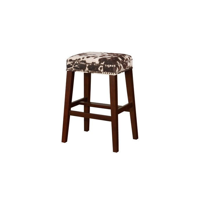 Traditional Style Wooden Bar Stool with Cow Print, Brown and White