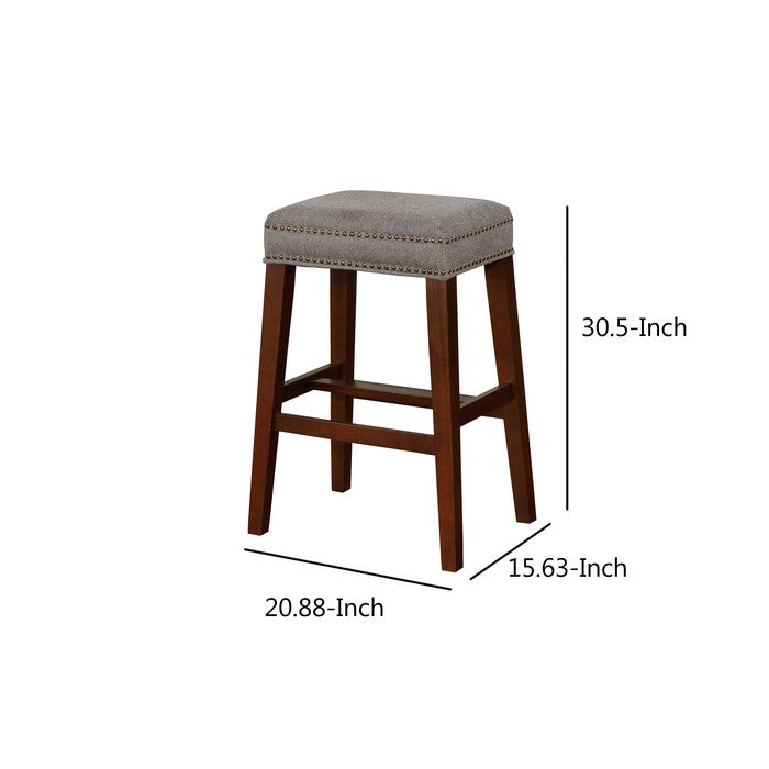 Traditional Wooden Bar Stool with Nailhead Trims, Brown and Gray