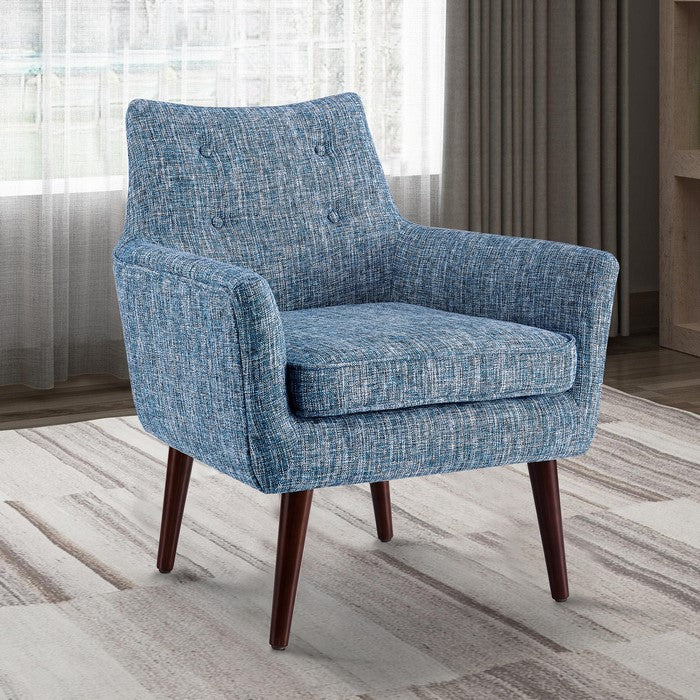 Fabric Upholstered Button Tufted Wooden Chair, Blue and Brown