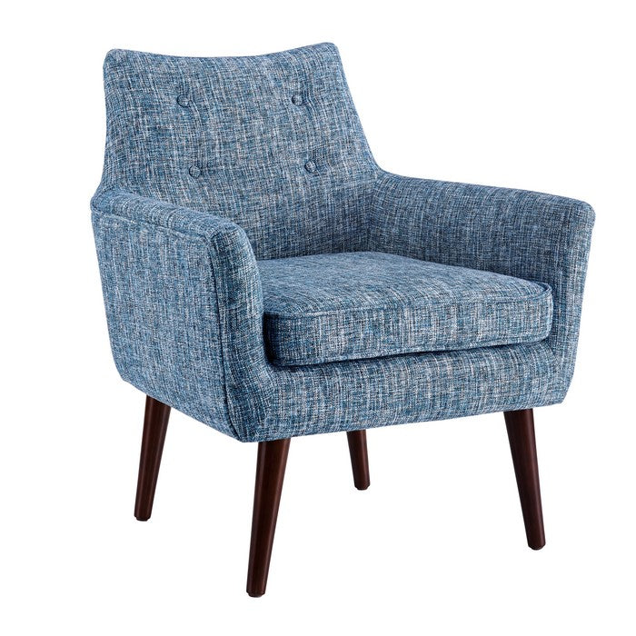 Fabric Upholstered Button Tufted Wooden Chair, Blue and Brown