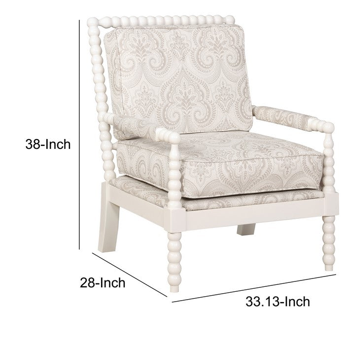 Wooden Spool Turned Accent Chair with Reversible Cushion, White