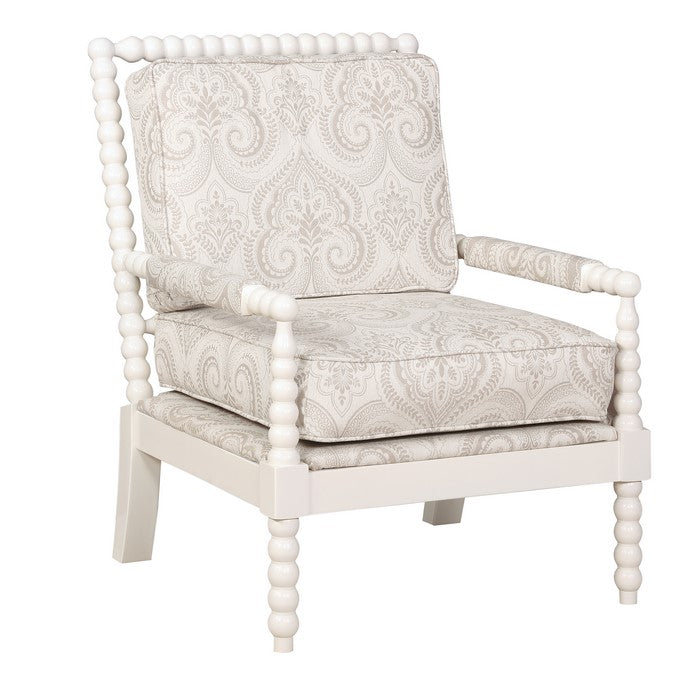 Wooden Spool Turned Accent Chair with Reversible Cushion, White