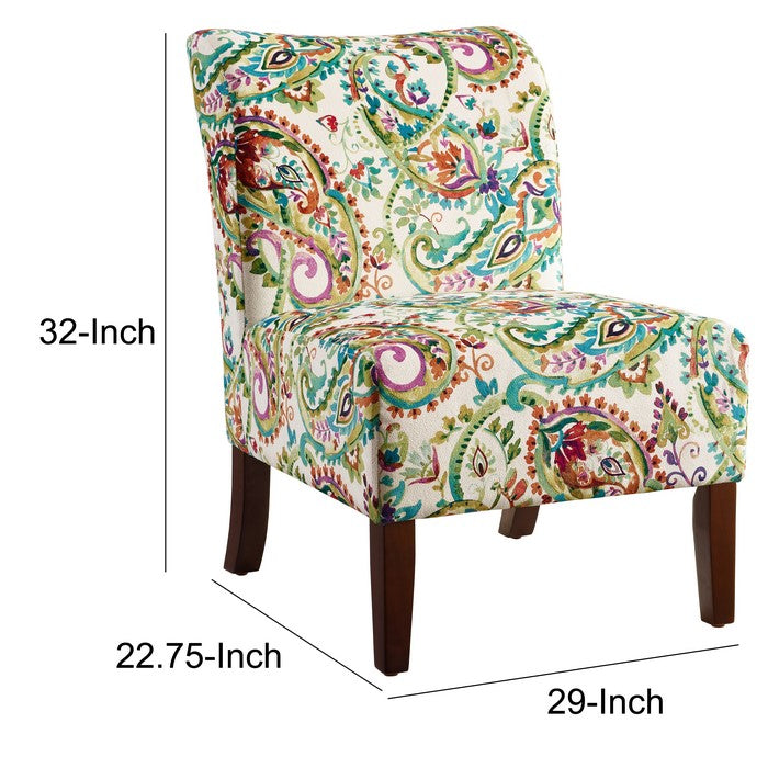 Fabric Upholstered Wooden Slipper Chair with Floral Motif, Multicolor