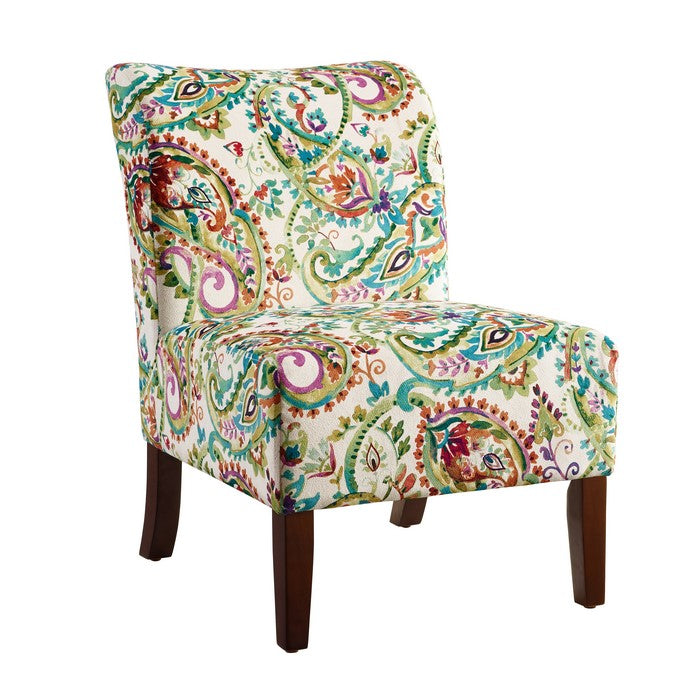Fabric Upholstered Wooden Slipper Chair with Floral Motif, Multicolor