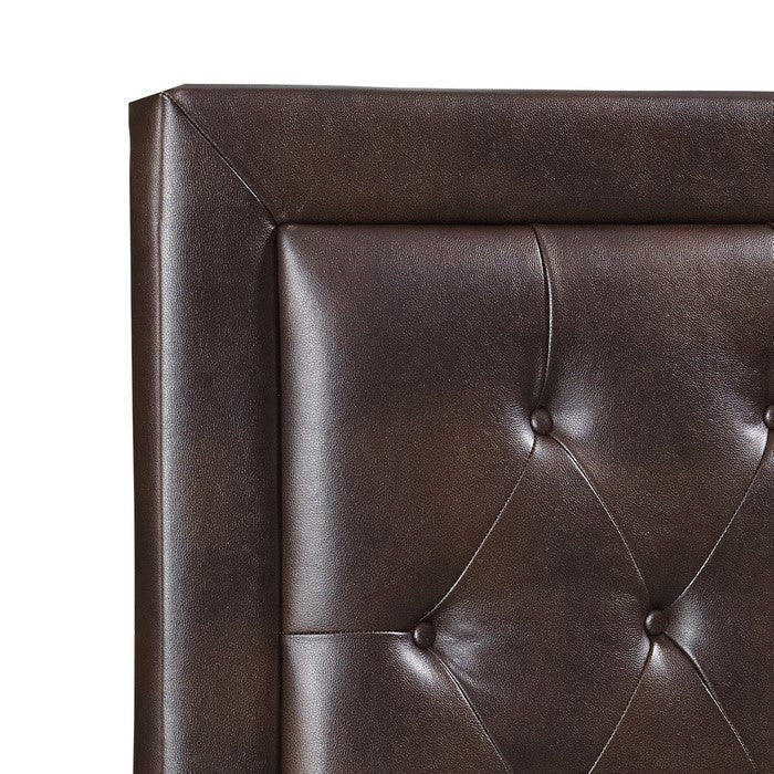 Leatherette Queen Size Headboard with Button Tufting Details, Brown
