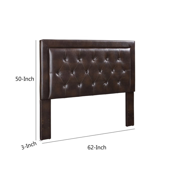 Leatherette Queen Size Headboard with Button Tufting Details, Brown