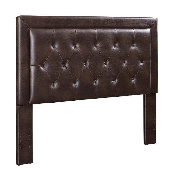 Leatherette Queen Size Headboard with Button Tufting Details, Brown