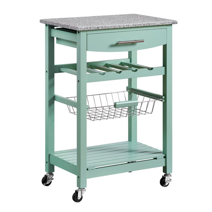 Contemporary Style Kitchen Island with Granite Top and Casters, Green