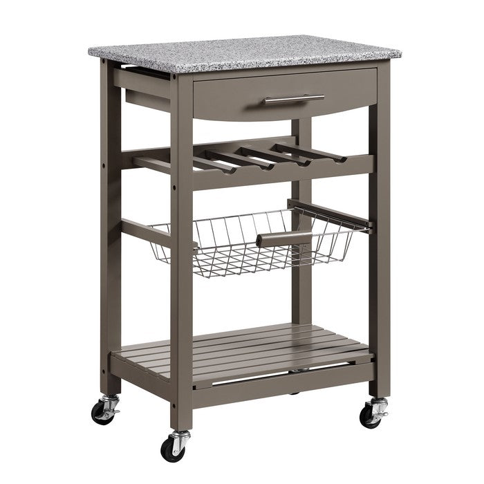 Contemporary Style Kitchen Island with Granite Top and Casters, Gray