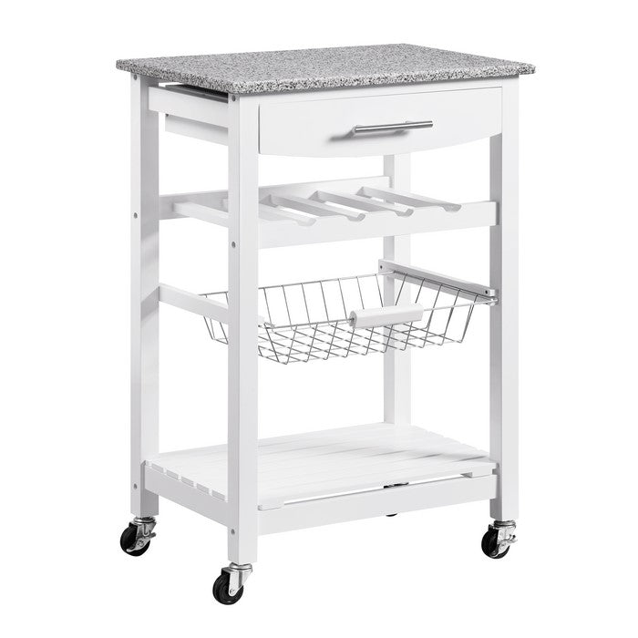 Contemporary Style Kitchen Island with Granite Top and Casters, White