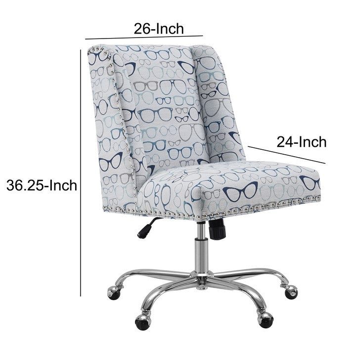 Fabric Upholstered Office Chair with Glasses Print, Gray and Silver