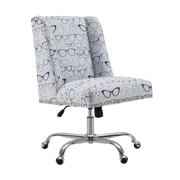 Fabric Upholstered Office Chair with Glasses Print, Gray and Silver