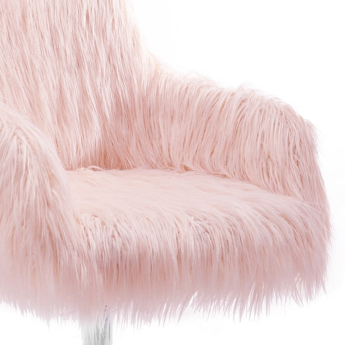 Faux Fur Upholstered Office Chair with Metal Base, Pink and Silver