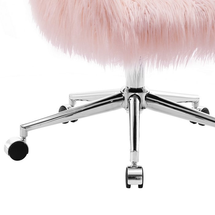 Faux Fur Upholstered Office Chair with Metal Base, Pink and Silver