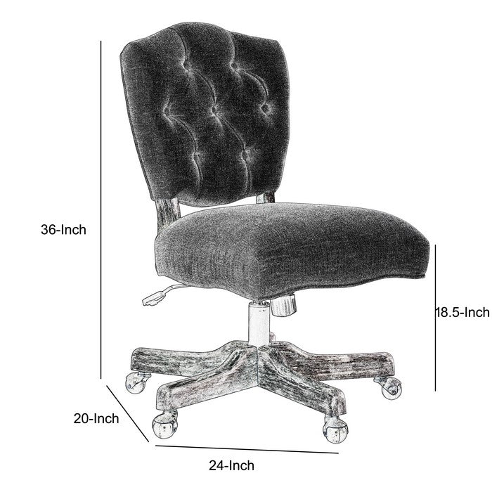 Armless Office Chair with Wooden Base and Tufting, Gray and Brown