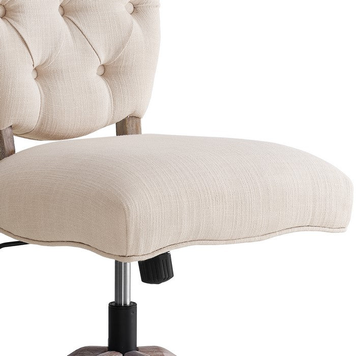 Armless Office Chair with Wooden Base and Tufting, Beige and Brown
