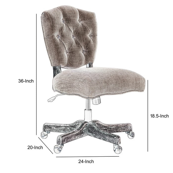 Armless Office Chair with Wooden Base and Tufting, Beige and Brown