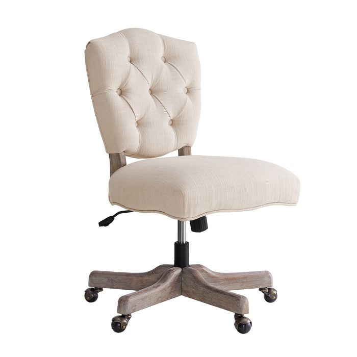 Armless Office Chair with Wooden Base and Tufting, Beige and Brown