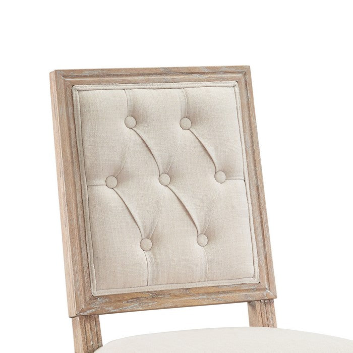 Wooden Counter Stool with Tufted Square Back, Beige and Brown