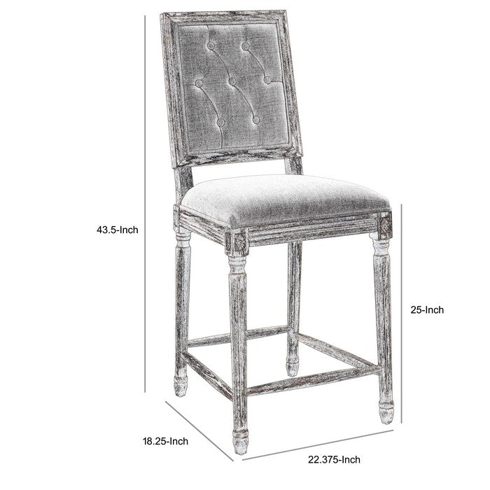 Wooden Counter Stool with Tufted Square Back, Beige and Brown