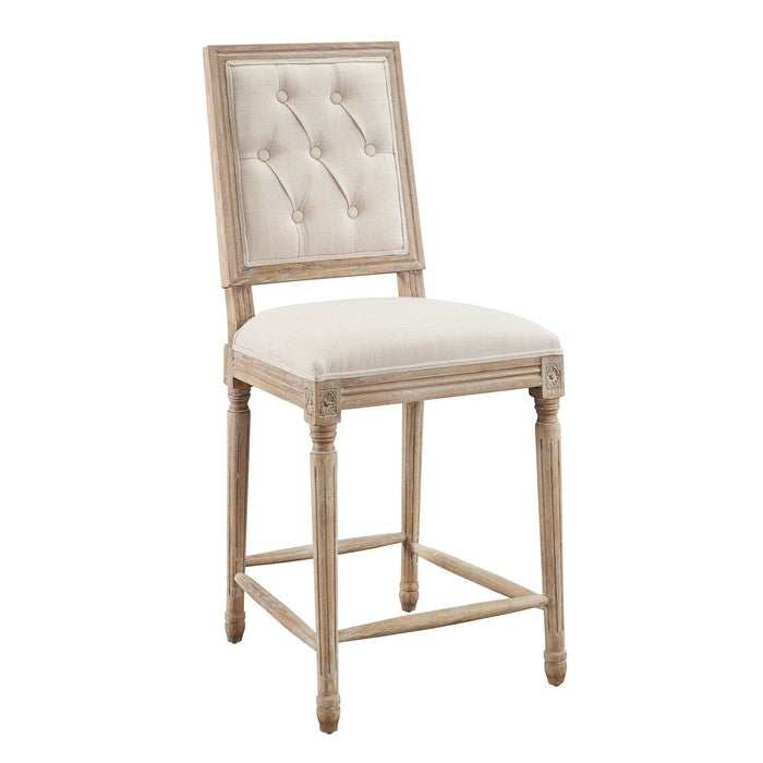 Wooden Counter Stool with Tufted Square Back, Beige and Brown