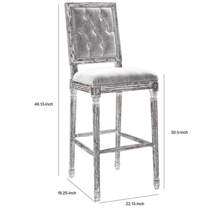 Transitional Wooden Bar Stool with Tufted Square Back, Beige and Brown