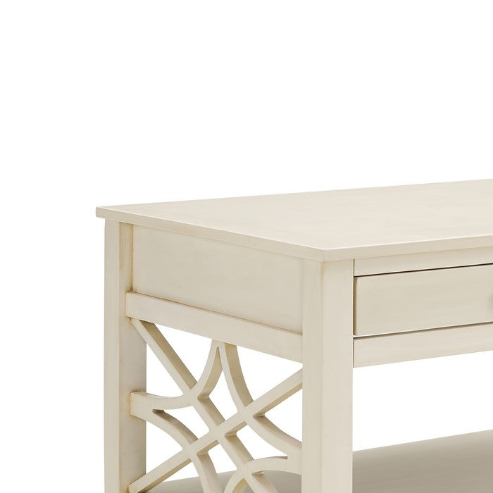 2 Drawer Wooden Coffee Table with Geometric Sides, Antique White