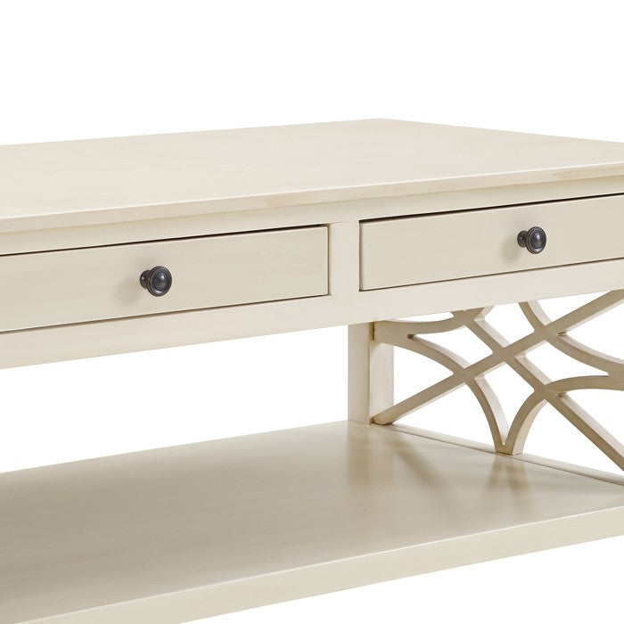 2 Drawer Wooden Coffee Table with Geometric Sides, Antique White