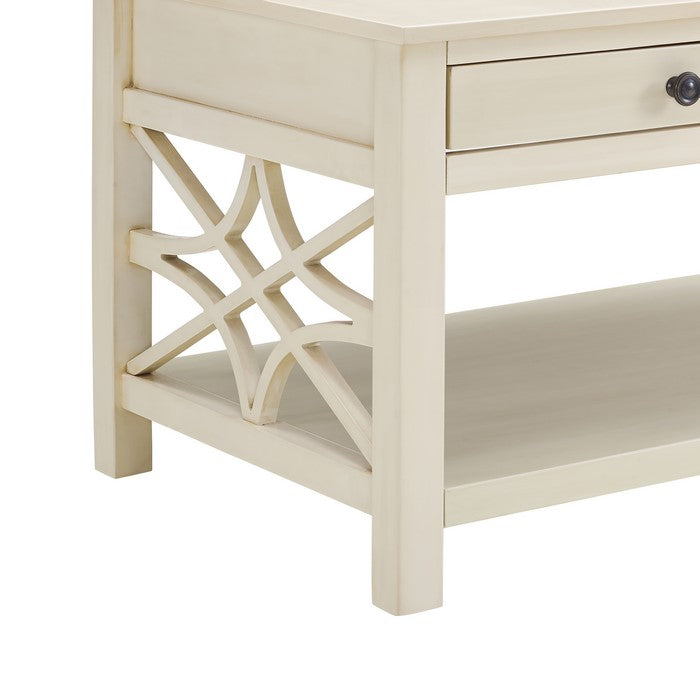2 Drawer Wooden Coffee Table with Geometric Sides, Antique White