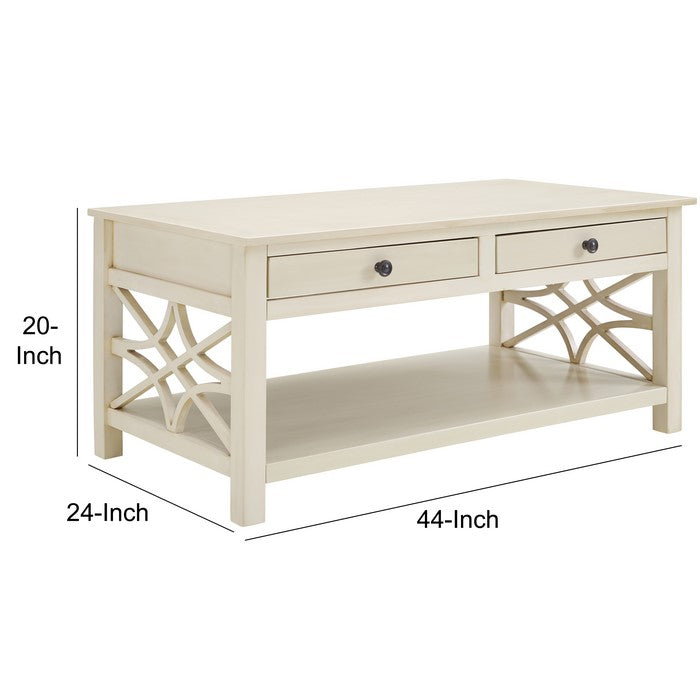 2 Drawer Wooden Coffee Table with Geometric Sides, Antique White