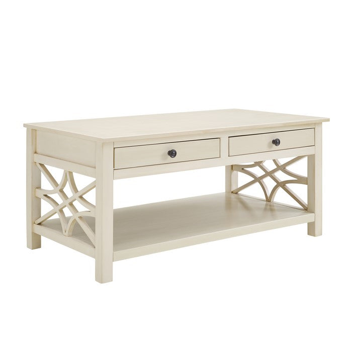 2 Drawer Wooden Coffee Table with Geometric Sides, Antique White