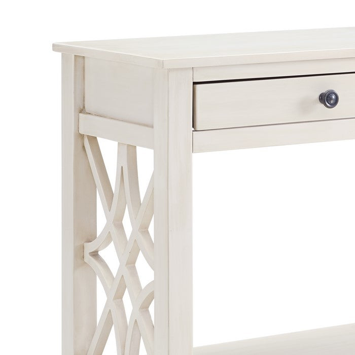 2 Drawer Wooden Console Table with Geometric Side Panels,Antique White