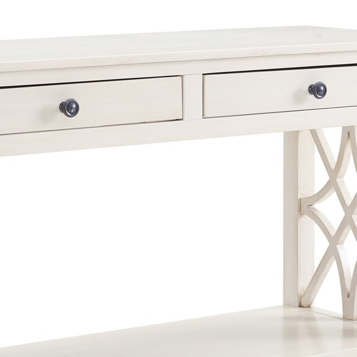 2 Drawer Wooden Console Table with Geometric Side Panels,Antique White