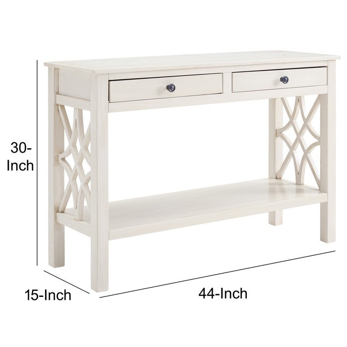 2 Drawer Wooden Console Table with Geometric Side Panels,Antique White