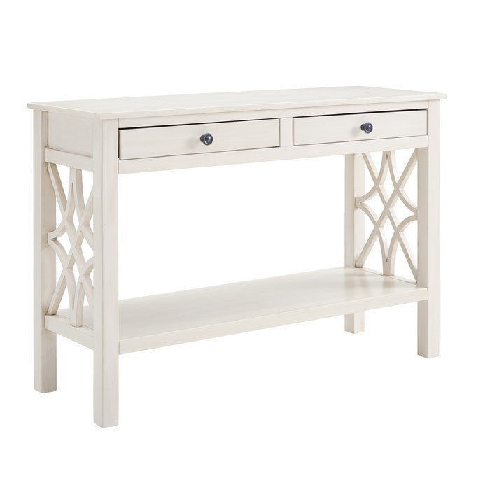 2 Drawer Wooden Console Table with Geometric Side Panels,Antique White