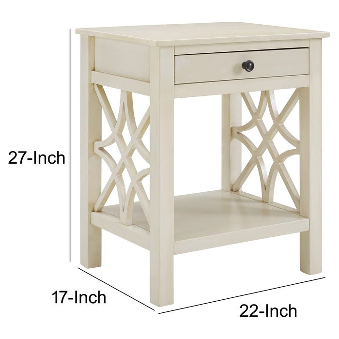 Wooden End Table with Storage Drawer and Bottom Shelf, Antique White