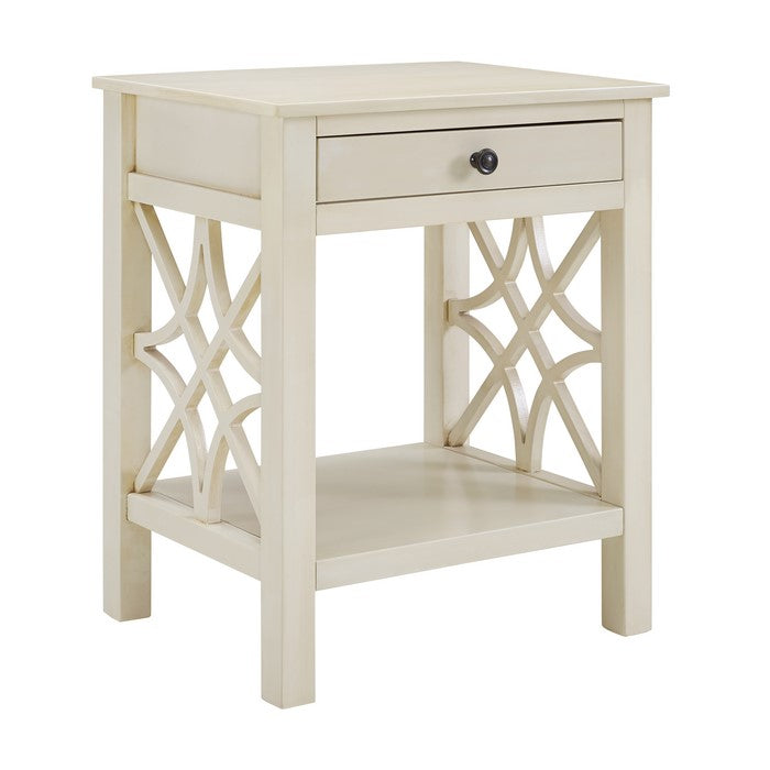 Wooden End Table with Storage Drawer and Bottom Shelf, Antique White