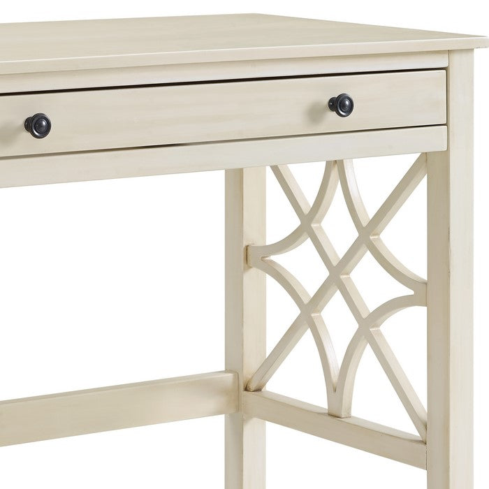Wooden Writing Desk with Storage Drawer and Geometric Sides, White