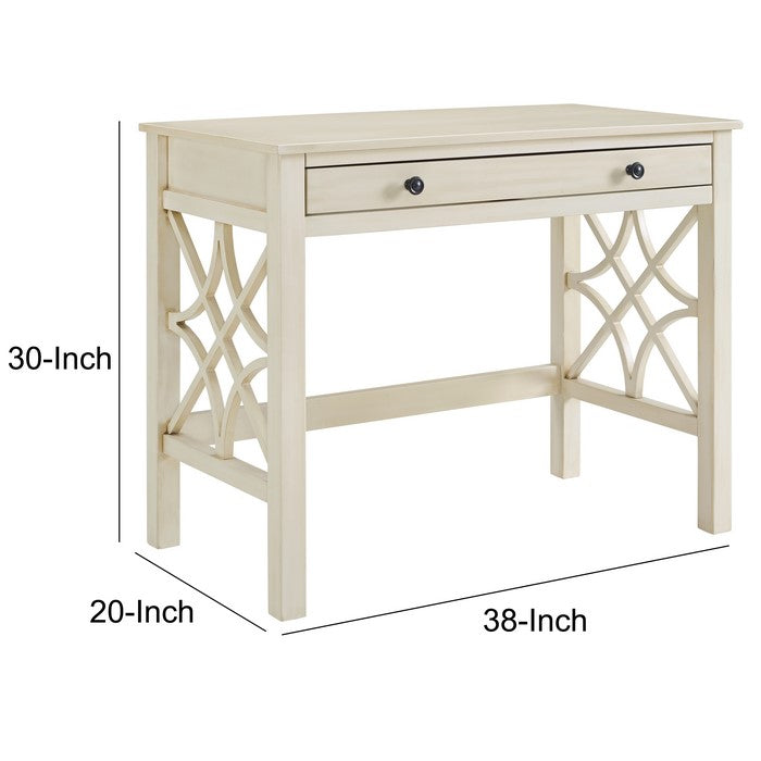 Wooden Writing Desk with Storage Drawer and Geometric Sides, White