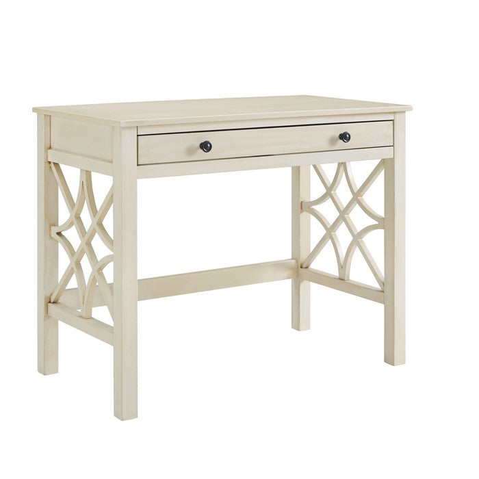 Wooden Writing Desk with Storage Drawer and Geometric Sides, White