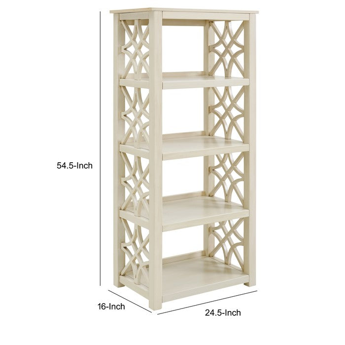 4 Shelf Wooden Bookcase with Geometric Side Panels, Antique White