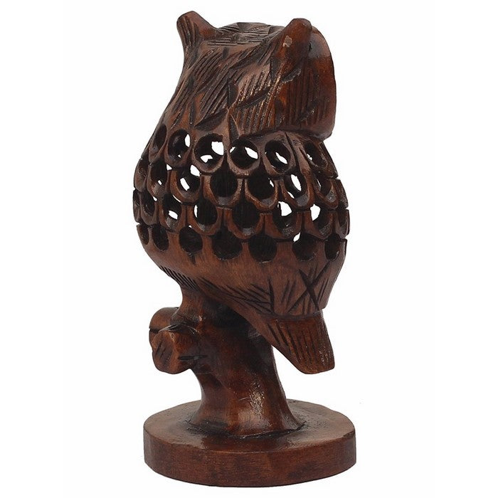 Handmade Cutout Patterned Owl Statue In Wood Featuring Enchanting Work By Benzara